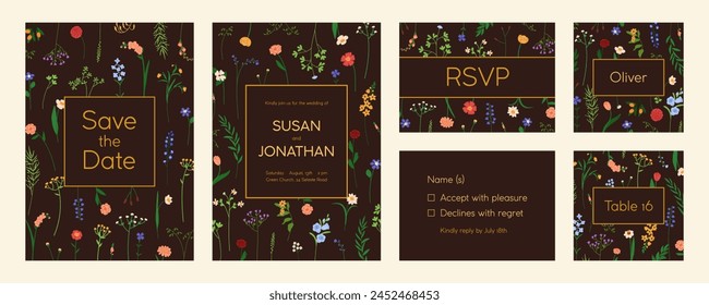 Wedding party, inviting card templates set. Floral botanical invitation, table, name, Save the Date and RSVP design with flowers, blooms. Natural backgrounds for engagement. Flat vector illustration
