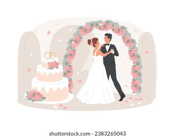 Wedding party isolated concept vector illustration. Wedding planning service, marriage party idea, bride and bridesmaid dress, venue decoration, bouquet design, menu and bar vector concept.