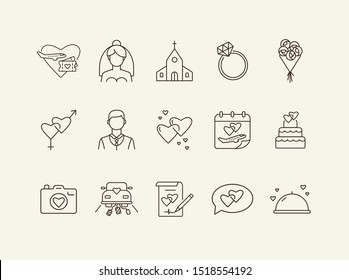 Wedding party line icons. Wedding arch, just married car, balloons. Wedding concept. Vector illustration can be used for topics like marriage, family, love