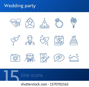 Wedding party line icons. Wedding arch, just married car, balloons. Wedding concept. Vector illustration can be used for topics like marriage, family, love