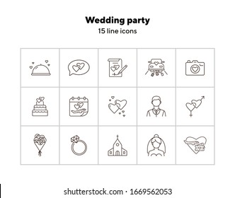 Wedding party line icons. Wedding arch, just married car, balloons. Wedding concept. Vector illustration can be used for topics like marriage, family, love