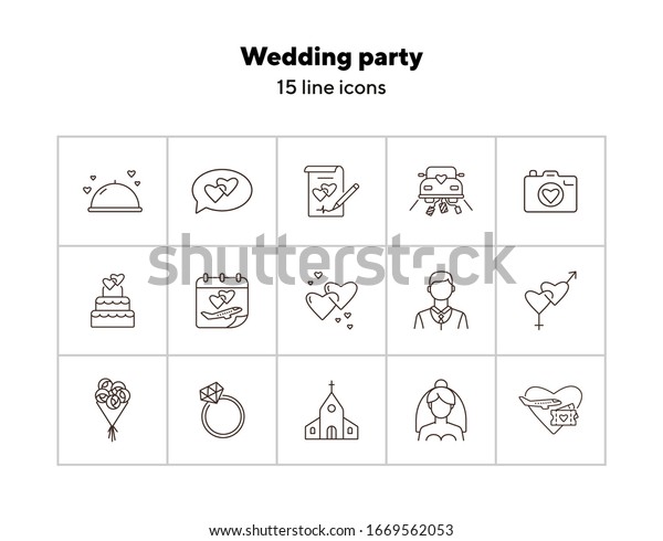 Wedding party line icons. Wedding arch, just
married car, balloons. Wedding concept. Vector illustration can be
used for topics like marriage, family,
love