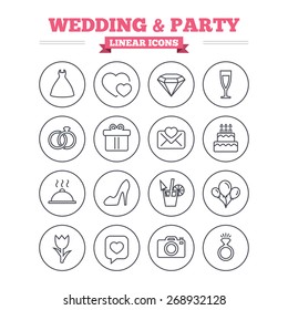 Wedding and party linear icons set. Dress, diamond and rings. Gift box, invitation letter and rose flower. Speech bubble with heart and photo camera. Thin outline signs. Flat vector