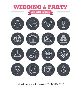 Wedding and party linear icons set. Dress, diamond and rings. Gift box, invitatiom letter and rose flower. Speech bubble with heart and photo camera. Thin outline signs. Flat circle vector