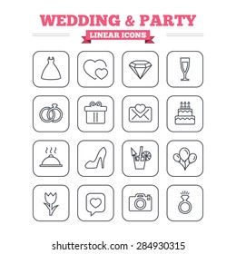Wedding and party linear icons set. Dress, diamond and rings. Gift box, invitatiom letter and rose flower. Speech bubble with heart and photo camera. Thin outline signs. Flat square vector