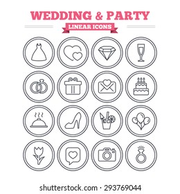 Wedding and party linear icons set. Dress, diamond and rings. Gift box, invitatiom letter and rose flower. Speech bubble with heart and photo camera. Thin outline signs. Flat vector