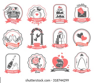 Wedding party love symbols emblems set with engagement rings hearts and roses outline abstract isolated vector illustration