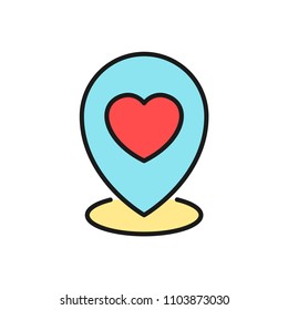 wedding party map location icon. pin locator with love graphic illustration. simple clean colored symbol.