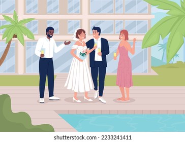 Wedding party near swimming pool flat color vector illustration. Happy event at tropical resort. Fully editable 2D simple cartoon characters with fancy building and palm trees on background