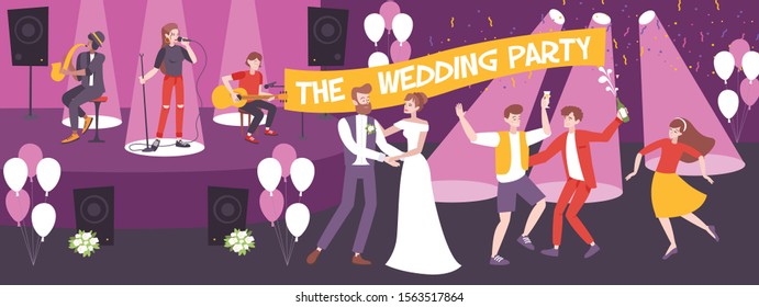 Wedding party in restaurant horizontal banner with musicians on stage and dancing newlyweds and guests vector illustration 