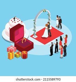 Wedding party with ring, cake, and gifts isometric 3d vector concept for banner, website, illustration, landing page, flyer, etc.