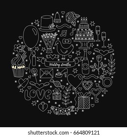 Wedding party romantic doodle vector icons in circle on black background