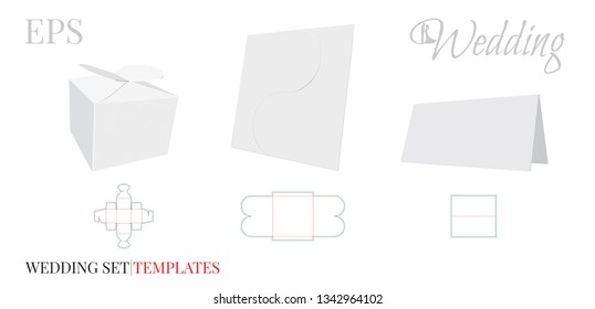 Wedding Party Set Template, vector with die cut, laser cut lines. Wedding Candy Box, Wedding envelope, Table sign. White, clear, blank, isolated on white background with perspective view. Self Lock 