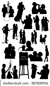 Wedding party silhouettes of bride,groom, guests, musicians and decoration