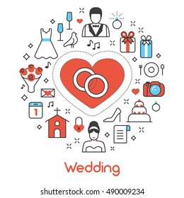 Wedding Party Thin Line Vector Icons Set with Bride and Groom