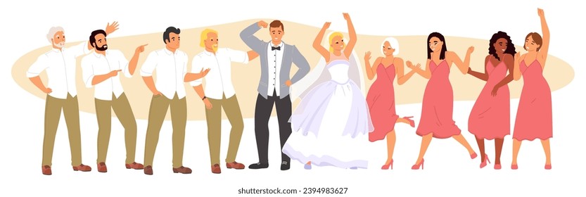 Wedding party vector illustration. Happy just married bride and groom dancing with witnesses characters