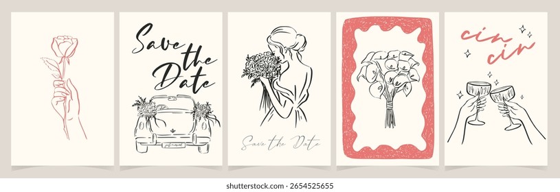 Wedding party vintage poster with hand drawn wine, cocktail, champagne glass and cake. Whimsical doodle sketch card in ink outline for woman, vector alcohol set or elegant celebration