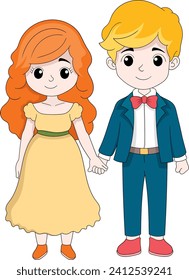 wedding party of a young bride and groom, cartoon flat illustration