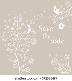 Wedding pastel card with lovely birds and beautiful lacy tree