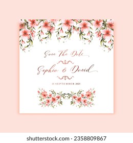 Diseño de tarjetas de invitación cuadrada floral pastel casera con flores de acuarela vintage y caligrafía dorada