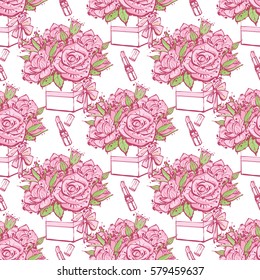 Wedding patches illustration, seamless pattern with pink lipstick and bouquet of roses. Vector fashion backdrop in watercolor style, isolated elements on white background.