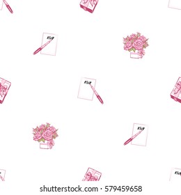 Wedding patches illustration, seamless pattern with gift box with bow, bouquet of roses, fountain pen. Vector fashion backdrop in watercolor style, isolated elements on white background.