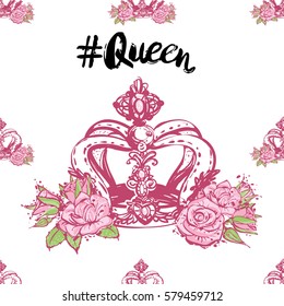 Wedding patches illustration, seamless pattern with queen hashtag and luxury empress crown. Vector fashion backdrop in watercolor style, isolated elements on white background.