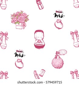 Wedding patches illustration, seamless pattern with pink lipstick, French perfume, engagement ring compositions, bride shoes, bouquet of roses. Vector fashion backdrop in watercolor style.