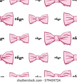 Wedding patches illustration, seamless pattern with bow tie and groom hashtag. Vector fashion backdrop in watercolor style, isolated elements on white background.