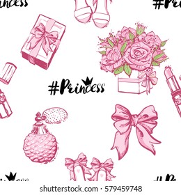 Wedding patches illustration, seamless pattern with pink lipstick, bow, gift box, French perfume, princess hashtag, bride shoes, bouquet of roses. Vector fashion backdrop in watercolor style.