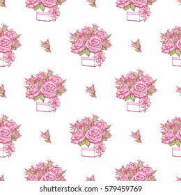 Wedding patches illustration, seamless pattern with rose buds and bouquet of roses. Vector fashion backdrop in watercolor style, isolated elements on white background.