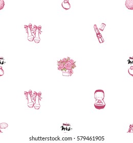 Wedding patches illustration, seamless pattern with pink lipstick, French perfume, engagement ring compositions, bride shoes, bouquet of roses. Vector fashion backdrop in watercolor style.