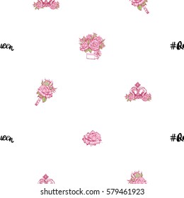 Wedding patches illustration, seamless pattern with queen hashtag, luxury crown, rose boutonniere, bouquet of roses. Vector fashion backdrop in watercolor style, isolated elements on white background.