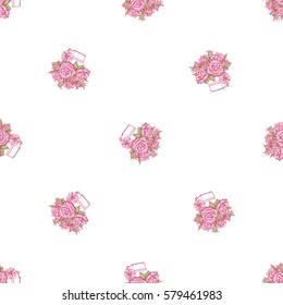 Wedding patches illustration, seamless pattern with bouquet of roses. Vector fashion backdrop in watercolor style, isolated elements on white background.
