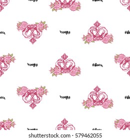 Wedding patches illustration, seamless pattern with queen hashtag and luxury empress crown. Vector fashion backdrop in watercolor style, isolated elements on white background.