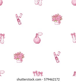 Wedding patches illustration, seamless pattern with pink lipstick, French perfume, bride shoes, bouquet of roses. Vector fashion backdrop in watercolor style, isolated elements on white background.
