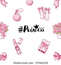 Wedding patches illustration, seamless pattern with pink lipstick, bow, gift box, French perfume, princess hashtag, bride shoes, bouquet of roses. Vector fashion backdrop in watercolor style.