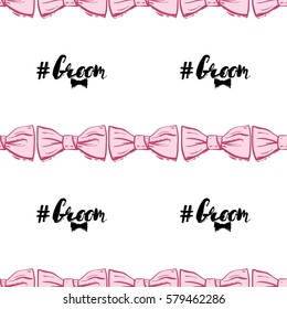 Wedding patches illustration, seamless pattern with bow tie and groom hashtag. Vector fashion backdrop in watercolor style, isolated elements on white background.