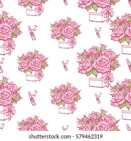Wedding patches illustration, seamless pattern with pink lipstick and bouquet of roses. Vector fashion backdrop in watercolor style, isolated elements on white background.
