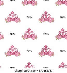 Wedding patches illustration, seamless pattern with queen hashtag and luxury empress crown. Vector fashion backdrop in watercolor style, isolated elements on white background.