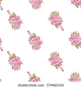 Wedding patches illustration, seamless pattern with rose boutonniere. Vector fashion backdrop in watercolor style, isolated elements on white background.