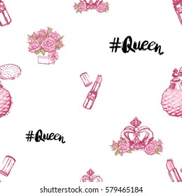 Wedding patches illustration, seamless pattern with pink lipstick, French perfume, queen hashtag, luxury queen crown, bouquet of roses. Vector fashion backdrop in watercolor style.