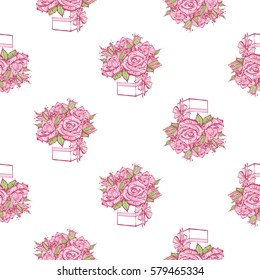 Wedding patches illustration, seamless pattern with bouquet of roses. Vector fashion backdrop in watercolor style, isolated elements on white background.