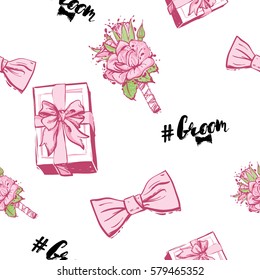 Wedding patches illustration, seamless pattern with bow tie, gift box with bow, groom hashtag, rose boutonniere. Vector fashion backdrop in watercolor style, isolated elements on white background.