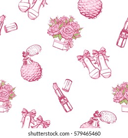 Wedding patches illustration, seamless pattern with pink lipstick, French perfume, bride shoes, bouquet of roses. Vector fashion backdrop in watercolor style, isolated elements on white background.