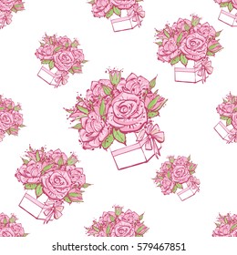 Wedding patches illustration, seamless pattern with bouquet of roses. Vector fashion backdrop in watercolor style, isolated elements on white background.