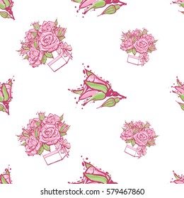 Wedding patches illustration, seamless pattern with rose buds and bouquet of roses. Vector fashion backdrop in watercolor style, isolated elements on white background.