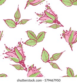 Wedding patches illustration, seamless pattern with buds of roses, young rose flower, green leaves. Vector fashion backdrop in watercolor style, isolated elements on white background.