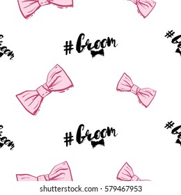 Wedding patches illustration, seamless pattern with bow tie and groom hashtag. Vector fashion backdrop in watercolor style, isolated elements on white background.