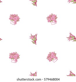 Wedding patches illustration, seamless pattern with rose buds and bouquet of roses. Vector fashion backdrop in watercolor style, isolated elements on white background.